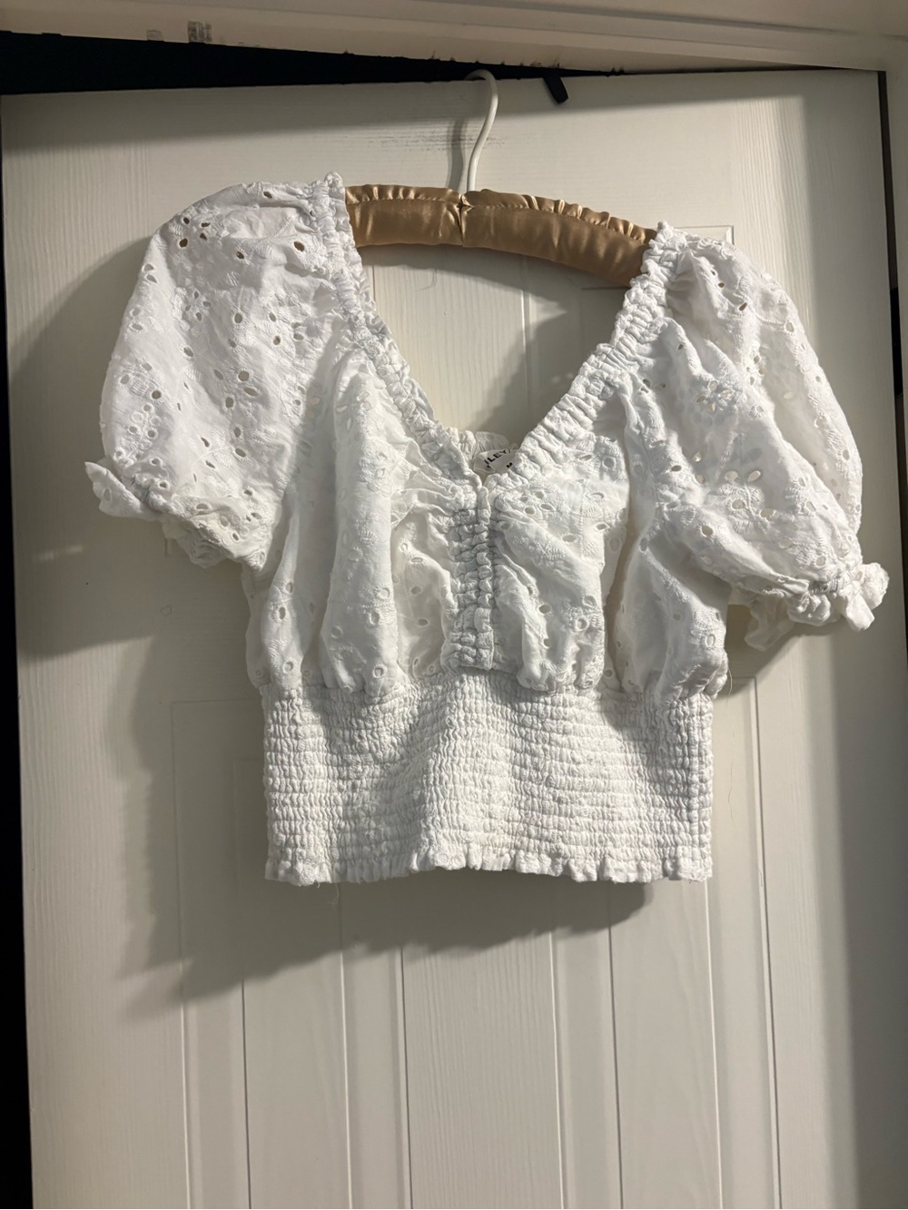 Riley & Rae White Eyelet Smocked Puff Sleeve Crop Top